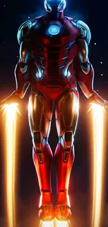 Futuristic hero in flight with glowing lights in the night sky, vibrant red and blue.