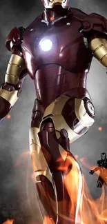 Iron Man in dynamic action pose on mobile wallpaper with red and gold colors.