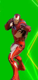 Dynamic red iron suit with green background.