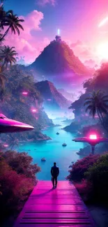 Person on bridge overlooking a futuristic island with neon colors.