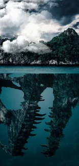 Surreal island reflection wallpaper with mysterious underwater elements.