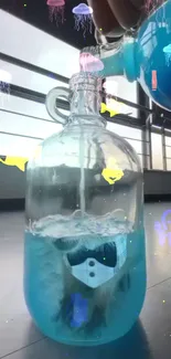 Futuristic bottle with blue liquid and jellyfish art.