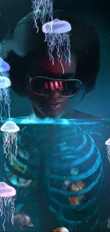 Surreal wallpaper of figure with glowing jellyfish, deep blues and pink hues