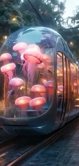 Futuristic tram filled with glowing jellyfish.