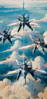 Futuristic jets flying through vibrant clouds in a sky blue scenery.