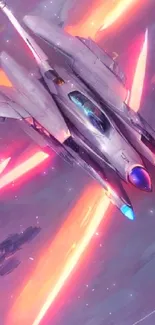 Futuristic jet soaring through colorful skies with vibrant streaks of light.