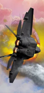 Futuristic jet flying through colorful sky with clouds.