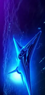 Futuristic jet in neon blue and purple glow on mobile wallpaper.