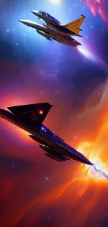 Futuristic jet flying through a colorful galaxy with cosmic elements.