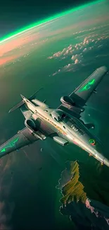 Futuristic jet soaring above clouds with a green glow.