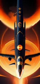 Futuristic jet with glowing orange halo on mobile wallpaper.