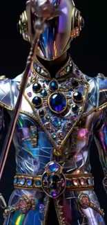 Futuristic armor with jewel embellishments and mirror finish.