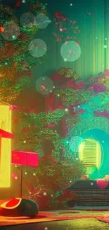 Futuristic jungle scene with neon lights and vibrant colors.