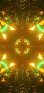 Futuristic neon kaleidoscope phone wallpaper with glowing green and yellow accents.