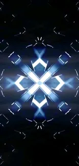 Abstract neon kaleidoscope art with blue geometric patterns.