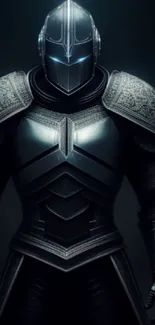 Futuristic knight in dark, detailed armor with a sci-fi theme.