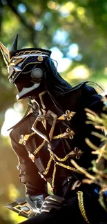 Futuristic knight cosplay with nature backdrop.