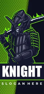 Futuristic knight holding sword in neon green on dark background.