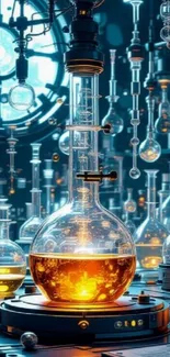 Futuristic laboratory with glowing beakers and technology.