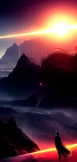 Futuristic landscape with sunrise and silhouetted figure.