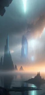 Futuristic landscape with glowing mountains and misty ambiance.