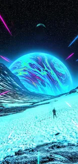 Futuristic landscape with a neon planet glow and cosmic elements.