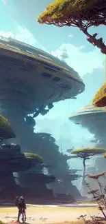 Sci-fi landscape with futuristic structures and greenery.