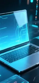 Futuristic laptop with digital blue display and glowing interface