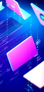 Futuristic laptops with neon glow on a blue and pink background.