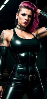 Futuristic fashion wallpaper with leather outfit and pink hair.