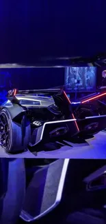 Futuristic car with blue LED lights on display.