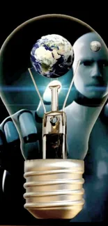 Robot holding light bulb with Earth inside, futuristic art.