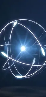 Futuristic light sphere with glowing lines on dark blue background.