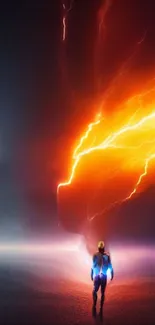 Futuristic figure under vibrant orange and blue lightning storm.