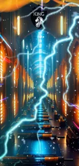 Futuristic corridor with lightning effects and neon lights.