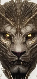 Futuristic lion face with cybernetic armor design.