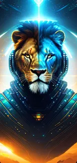 Futuristic lion in vibrant blue and orange digital artwork.