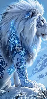 Futuristic lion with blue patterns on snowy mountain.