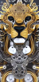 Futuristic lion design with intricate gold and silver details on mobile wallpaper.