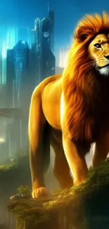 Majestic lion in a futuristic cityscape digital art.