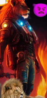 Futuristic lion warrior with cybernetic armor in a fiery scene.