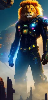 Futuristic lion warrior in cosmic armor with vibrant lights and cosmic background.