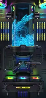 Futuristic liquid cooling system with neon lights and high-tech design.