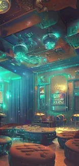 Futuristic lounge with neon lights and vibrant atmosphere.