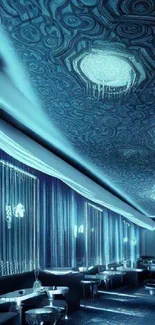 Futuristic lounge wallpaper with vibrant blue tones and modern design.