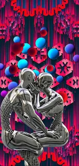 Futuristic abstract art with silver figures and vibrant geometric background.