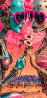 Futuristic robotic couple with pink accents and heart glasses.