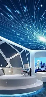 Futuristic room with luminescent ceiling and modern design elements.