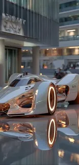 Futuristic luxury car with sleek design reflecting urban lights.