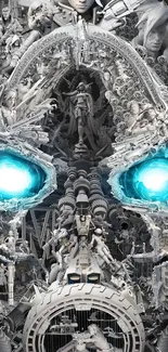 Intricate futuristic machine face with glowing blue eyes wallpaper.